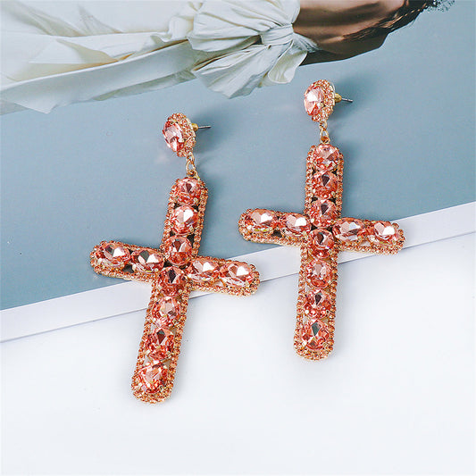 Orange Crystal and Cubic Zirconia 18K Gold-Plated Cross Drop Earrings, gold drop earrings for women, front view