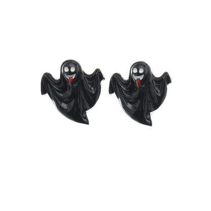 Black and Silver-Plated Ghost Stud Earrings, silver stud earrings for women, vintage-inspired design, front view
