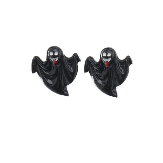 Black and Silver-Plated Ghost Stud Earrings, silver stud earrings for women, vintage-inspired design, front view