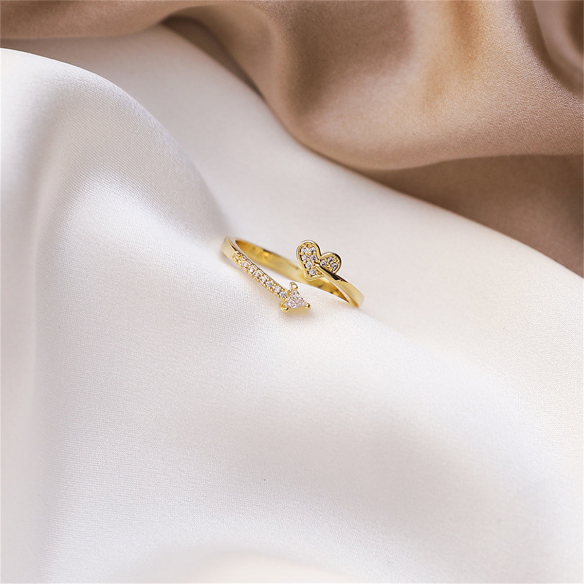 Cubic Zirconia and 18K Gold-Plated Heart Arrow Bypass Ring, gold statement rings for women, elegant gift for her, styled look