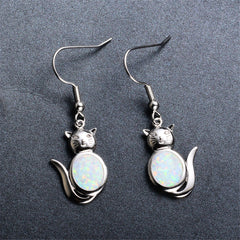 White Opal & Silver-Plated Cat Drop Earrings