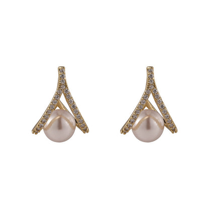 Cubic Zirconia and Pearl Drop Stud Earrings, stud earrings for women, vintage-inspired design, front view