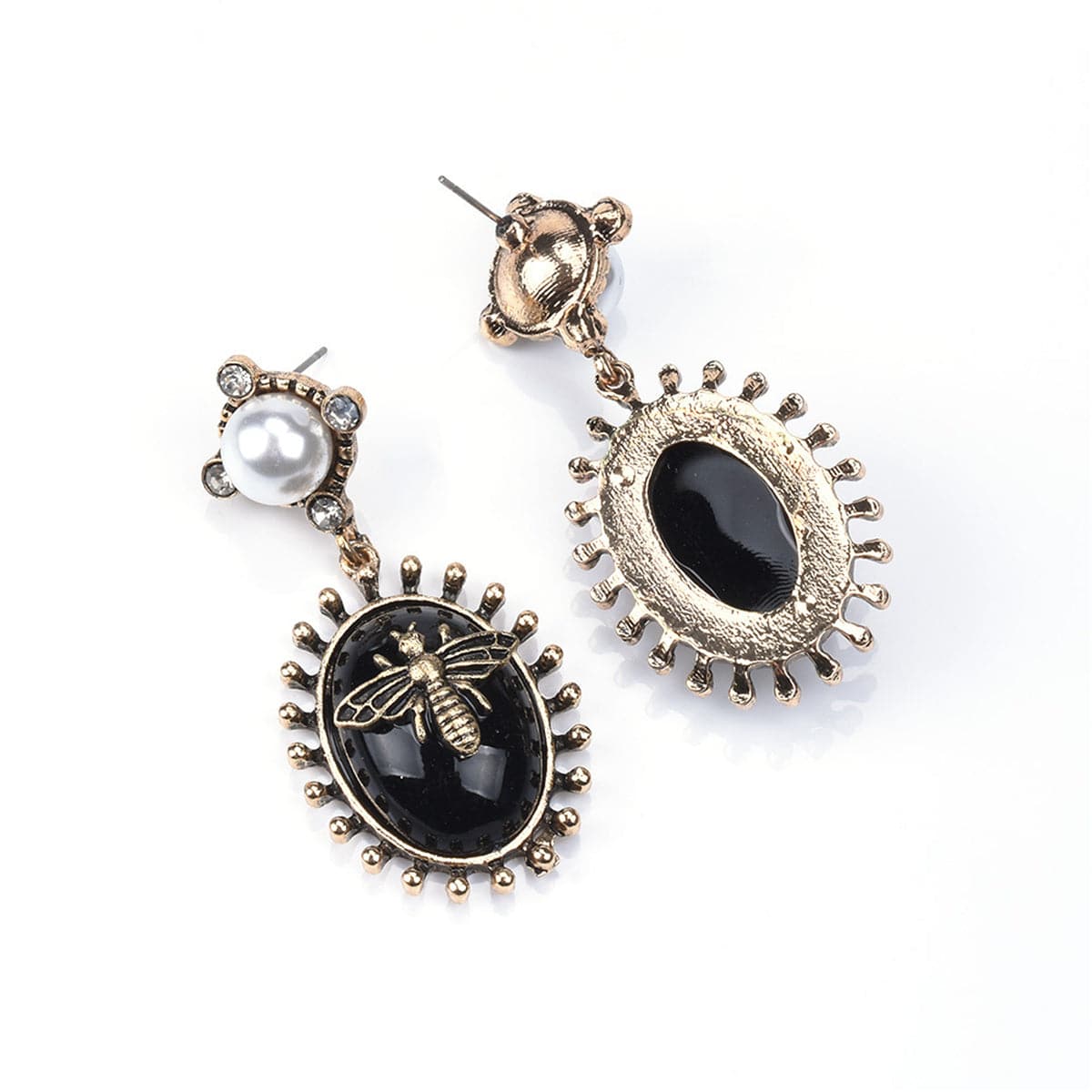 Black Crystal & Pearl 18K Gold-Plated Bee Drop Earrings