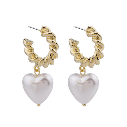 Pearl and 18K Gold-Plated Heart Drop Earrings, gold drop earrings for women, botanical inspired, side view