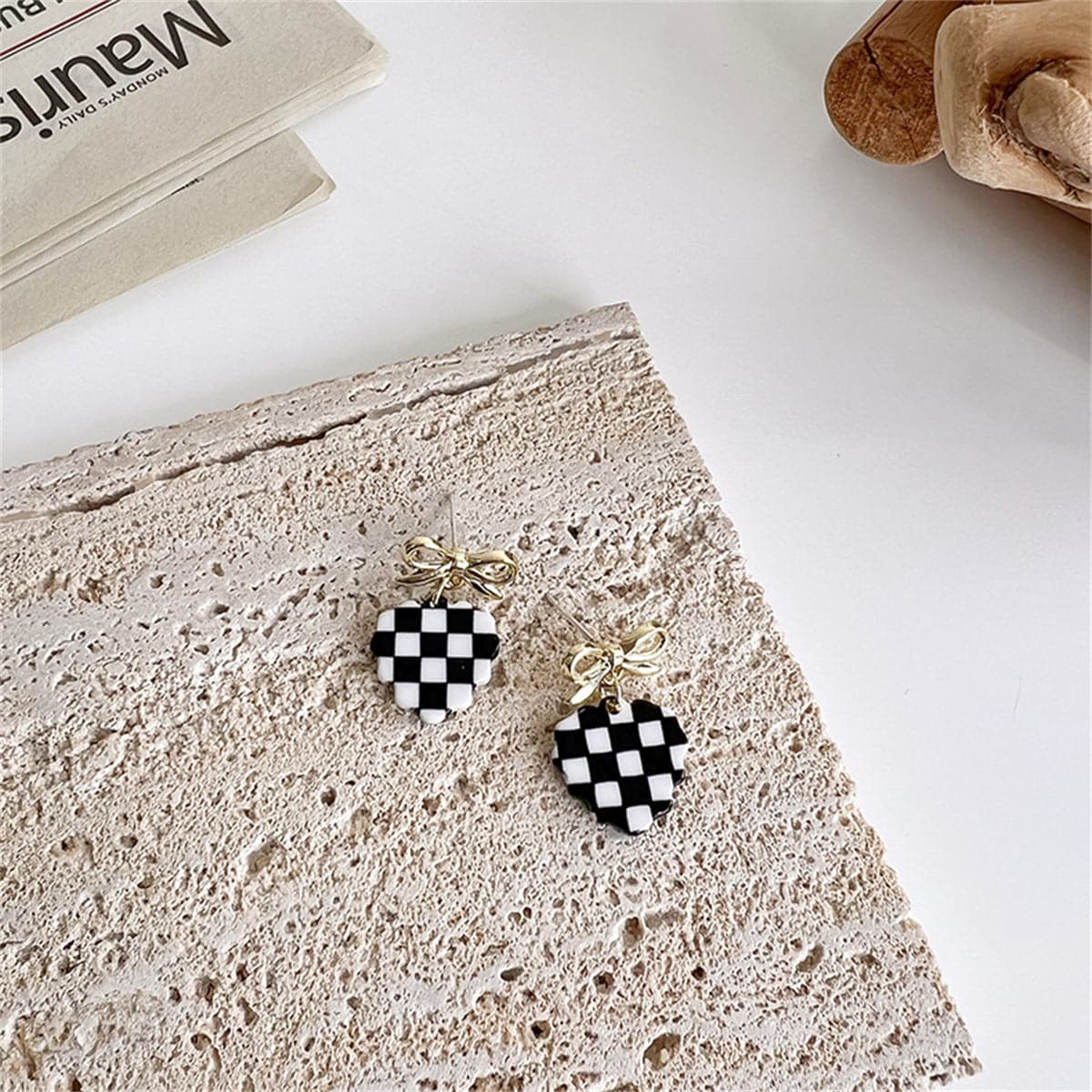 Black and White Acrylic Checkerboard Bow Heart Drop Earrings, drop earrings for women, elegant gift for her, lifestyle look