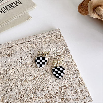 Black and White Acrylic Checkerboard Bow Heart Drop Earrings, drop earrings for women, elegant gift for her, lifestyle look
