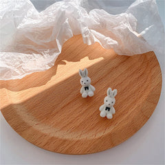 White Gabardine & Silver-Plated Rabbit Stud Earrings