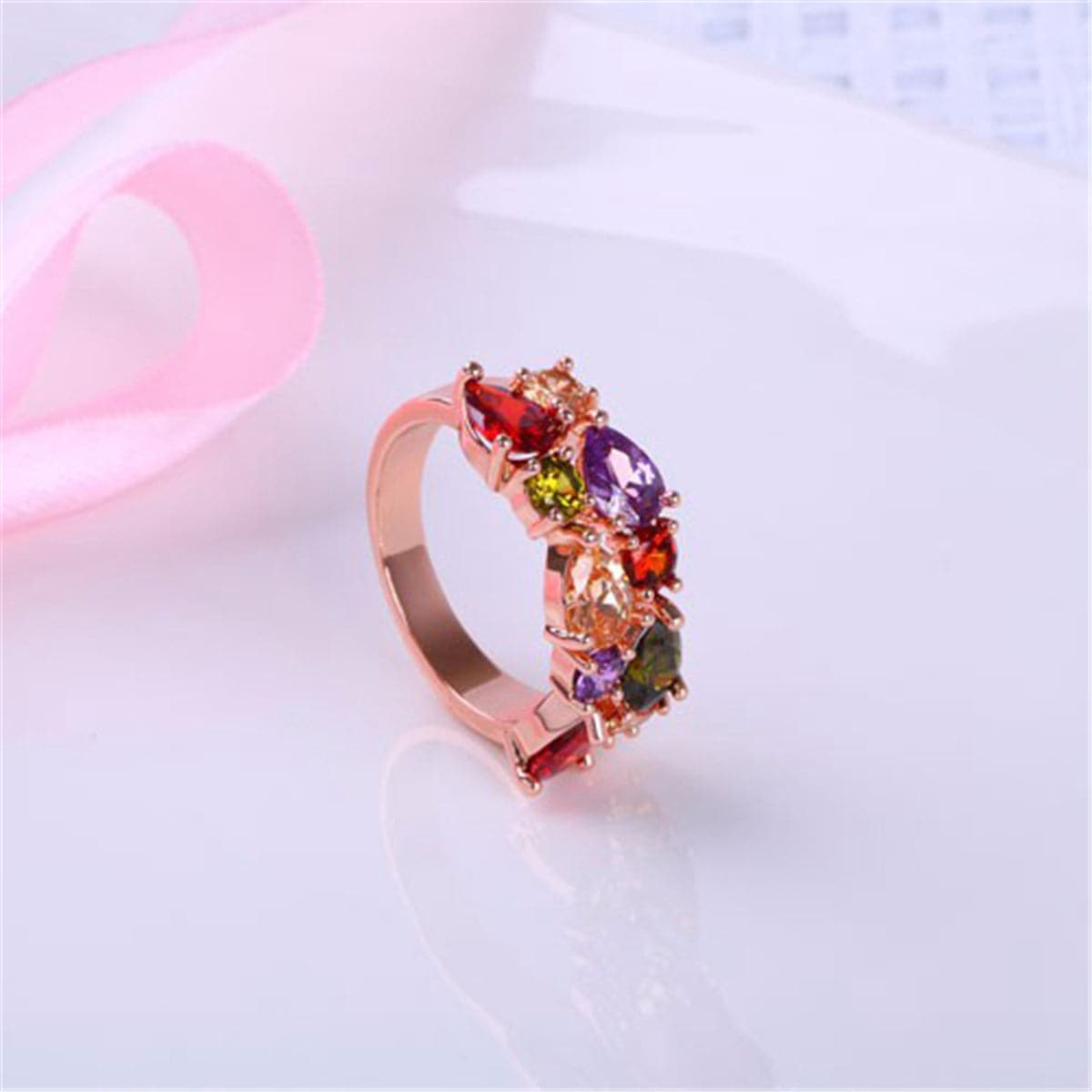 Crystal and 18K Rose Gold-Plated Pear-Cut Cluster Ring, dainty minimalist design, side view