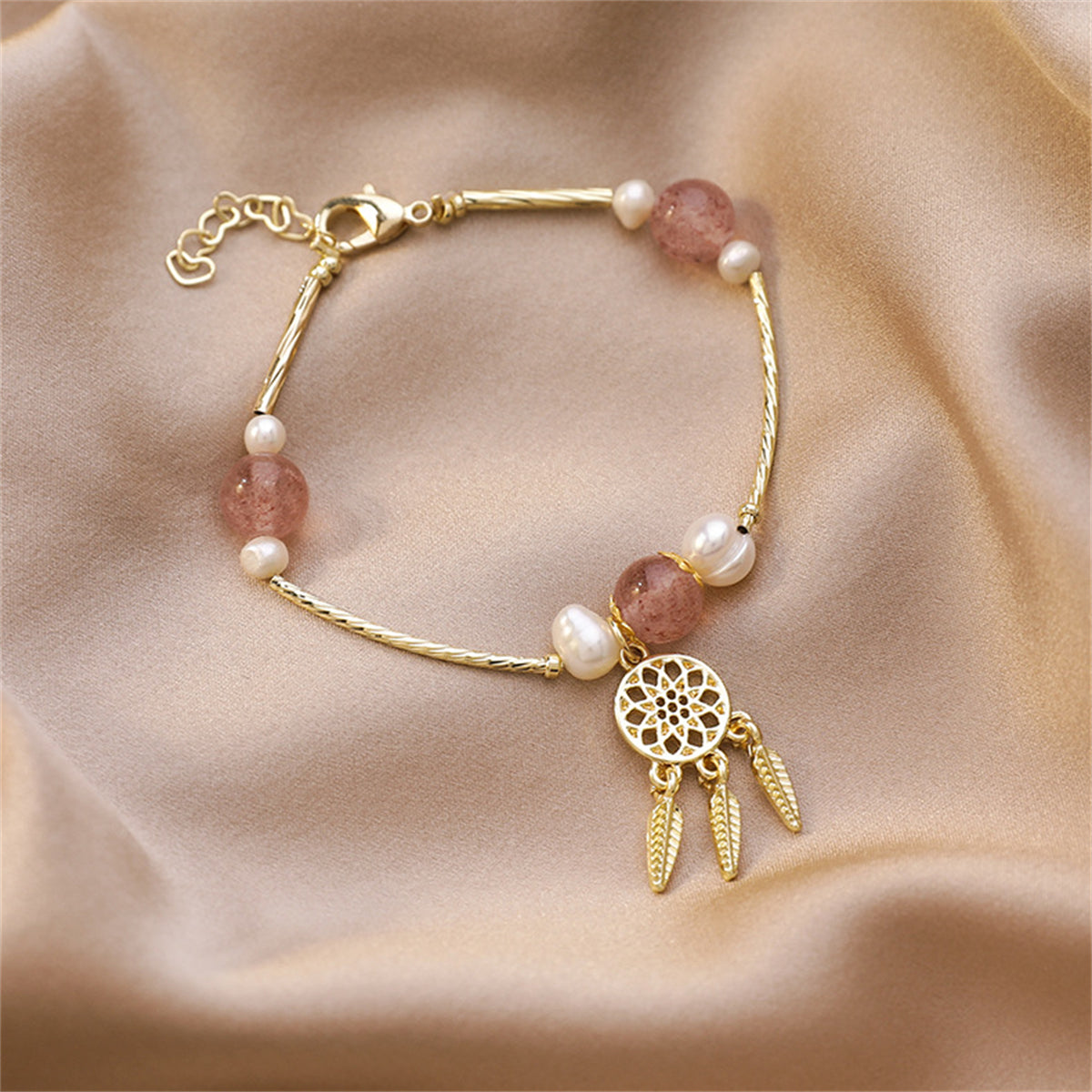 Crystal and Pearl 18K Gold-Plated Dreamcatcher Charm Bracelet, gold bracelet for women, everyday style, lifestyle look