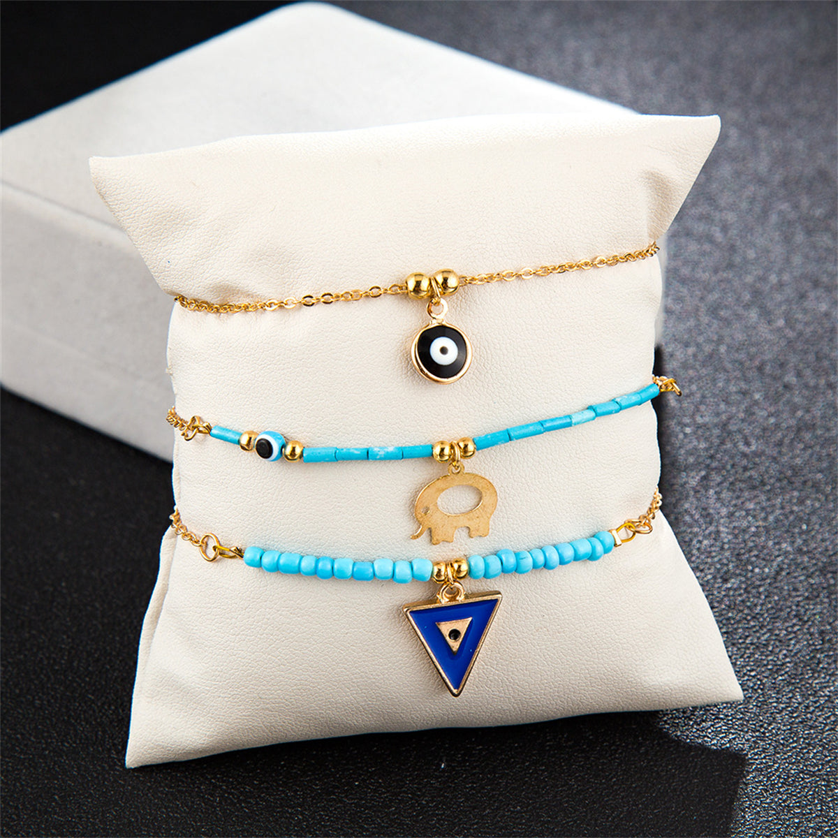 Turquoise & 18K Gold-Plated Elephant Charm Anklet Set