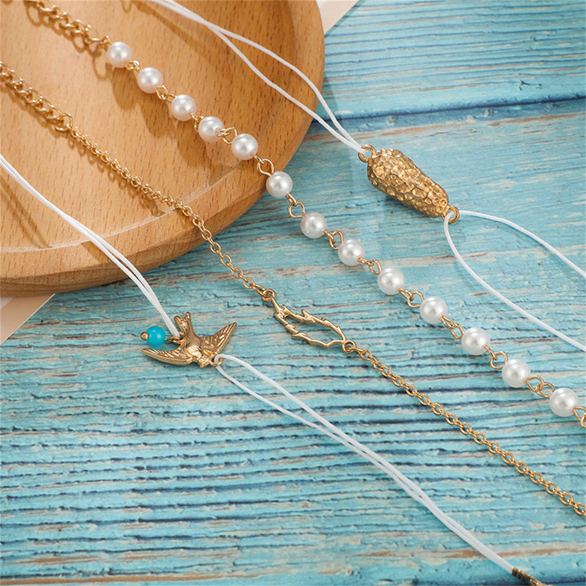 Pearl & Turquoise Bird Charm Anklet Set