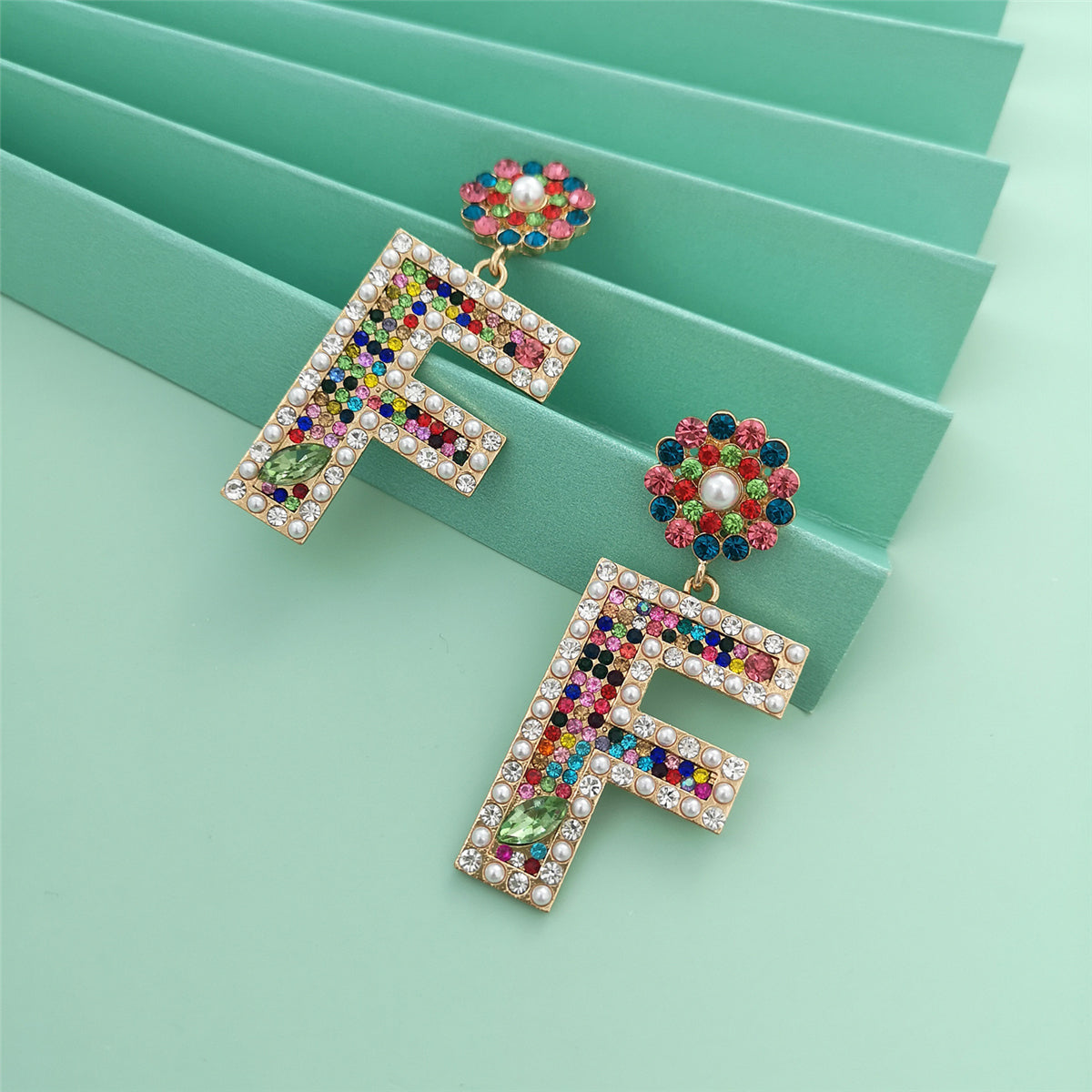 Colored Crystal & Cubic Zirconia Pearl Letter F Dangle Earring