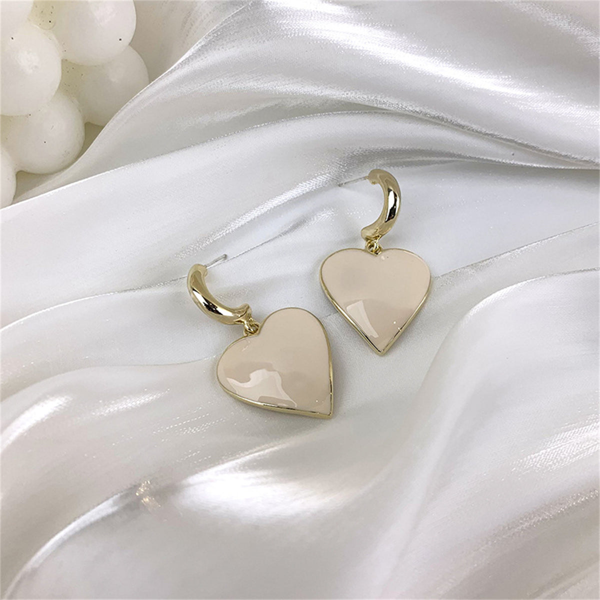 Beige Enamel & 18K Gold-Plated Heart Drop Earrings