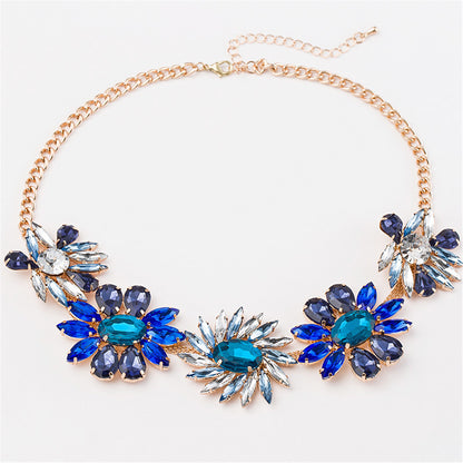 Blue Crystal and 18K Gold-Plated Flower Cluster Statement Necklace, gold pendant necklace for women, detail close-up