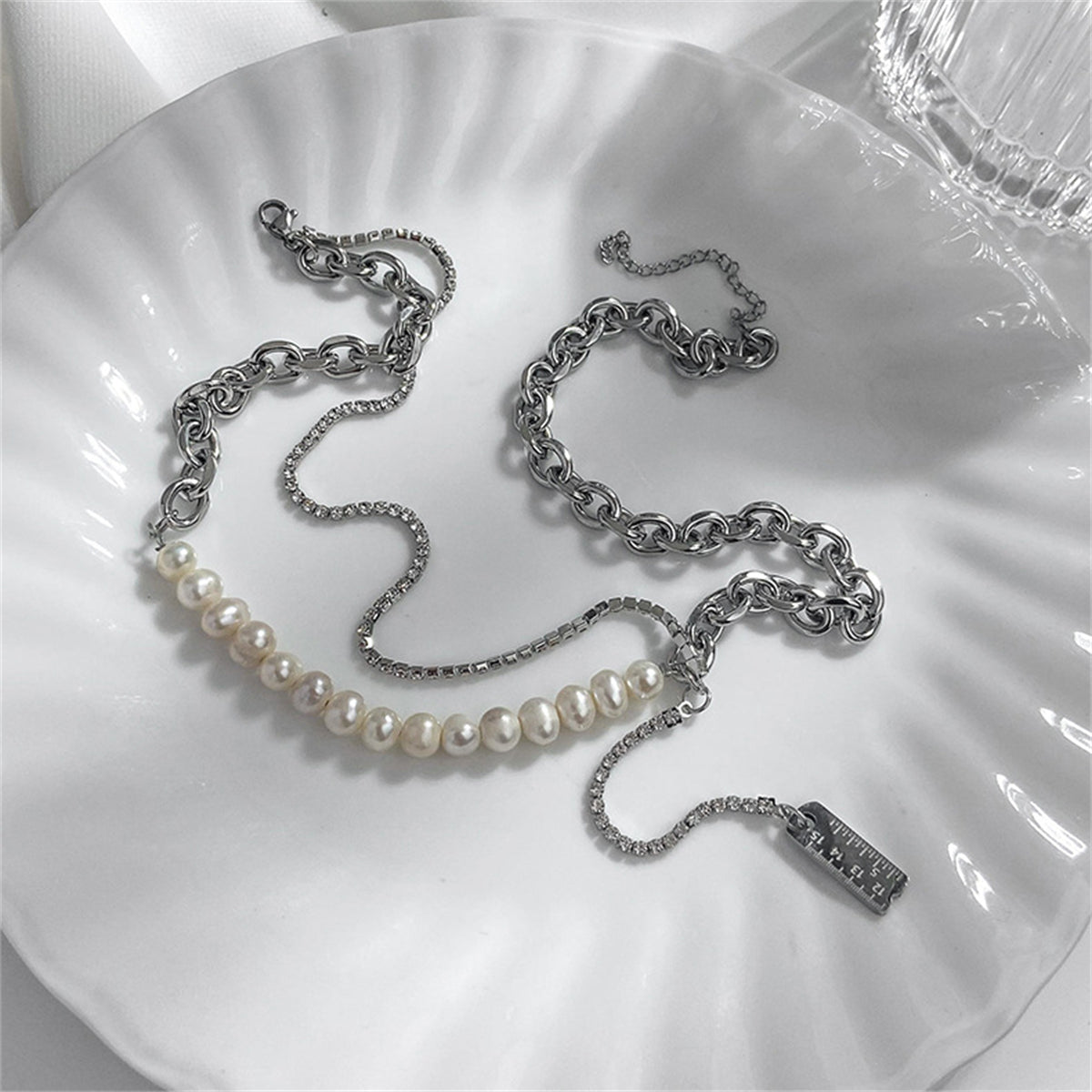 Pearl & Cubic Zirconia Ruler Drop Necklace
