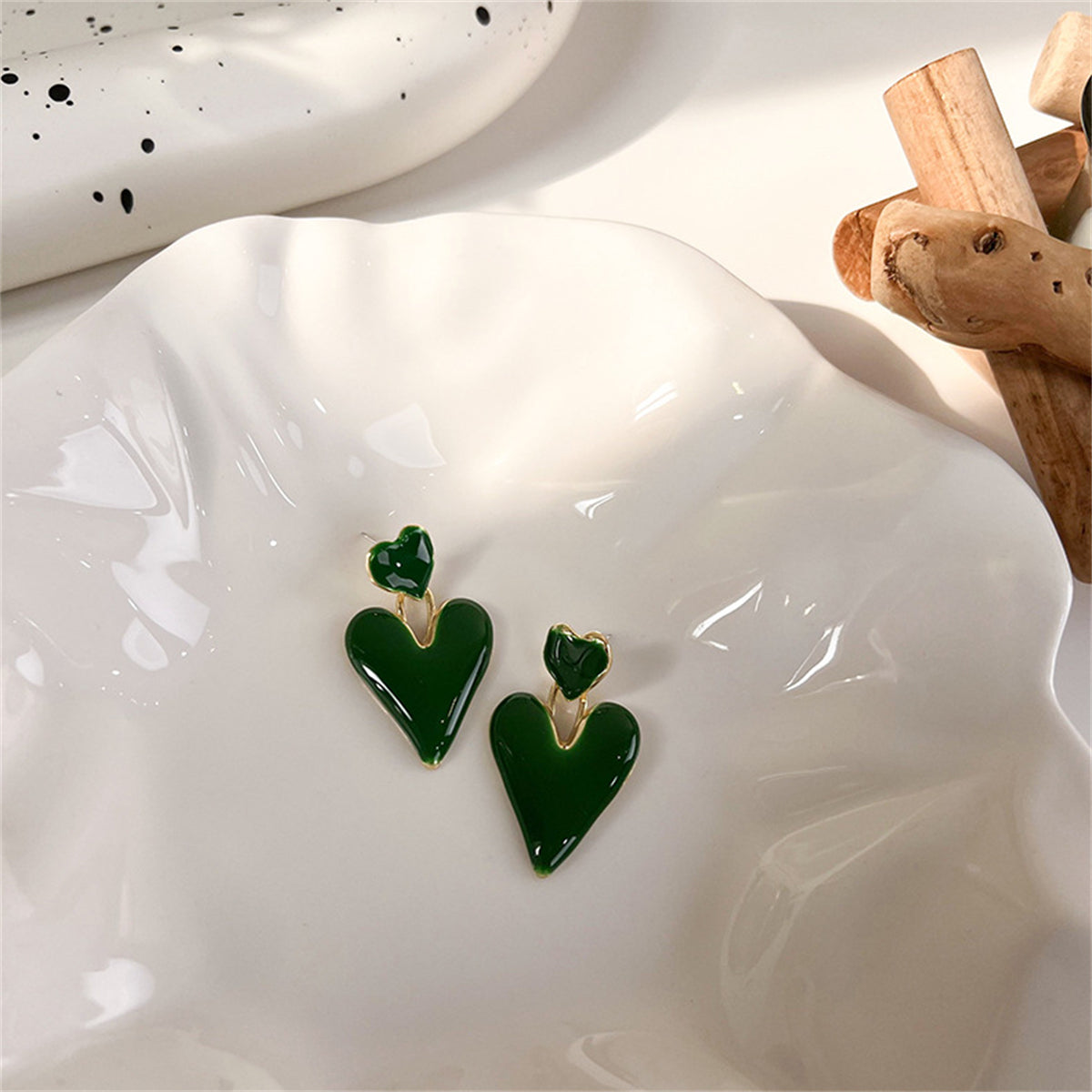 Green Enamel & 18K Gold-Plated Stacked Heart Drop Earrings