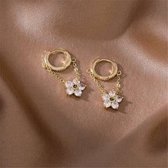 Cubic Zirconia & 18K Gold-Plated Floral Chain Huggie Earrings