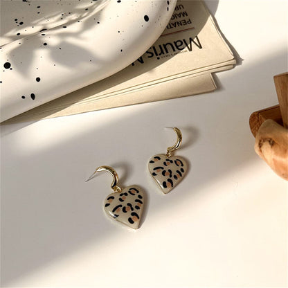Cream Leopard Enamel and 18K Gold-Plated Heart Drop Earrings, gold drop earrings for women, everyday style, front view