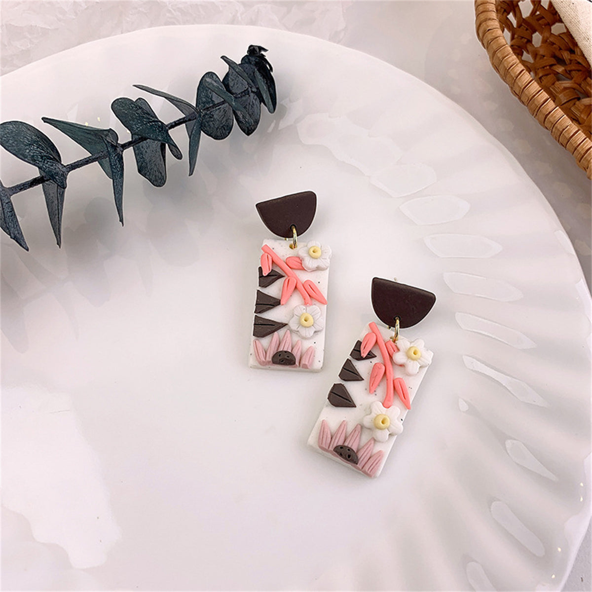 Pink Polymer Clay and 18K Gold-Plated Flower Rectangle-Drop Earrings, gold drop earrings for women, side view