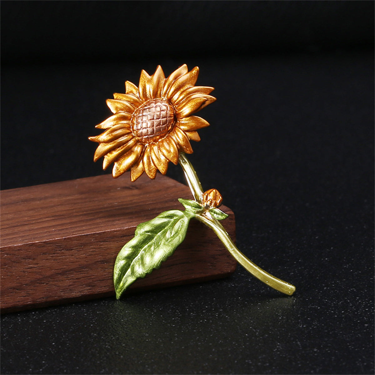 Green Enamel & 18K Gold-Plated Sunflower Brooch