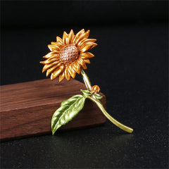 Green Enamel & 18K Gold-Plated Sunflower Brooch