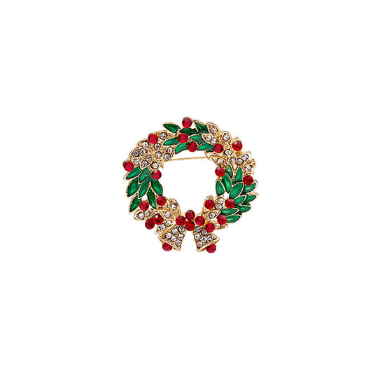Cubic Zirconia and Enamel 18K Gold-Plated Bell Wreath Brooch, gold brooch pin, vintage-inspired design, front view