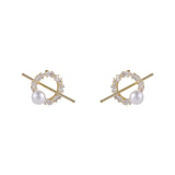 Pearl & Cubic Zirconia Pavé Bar Round Stud Earrings