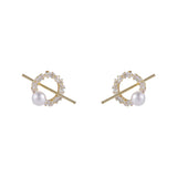 Pearl & Cubic Zirconia Pavé Bar Round Stud Earrings