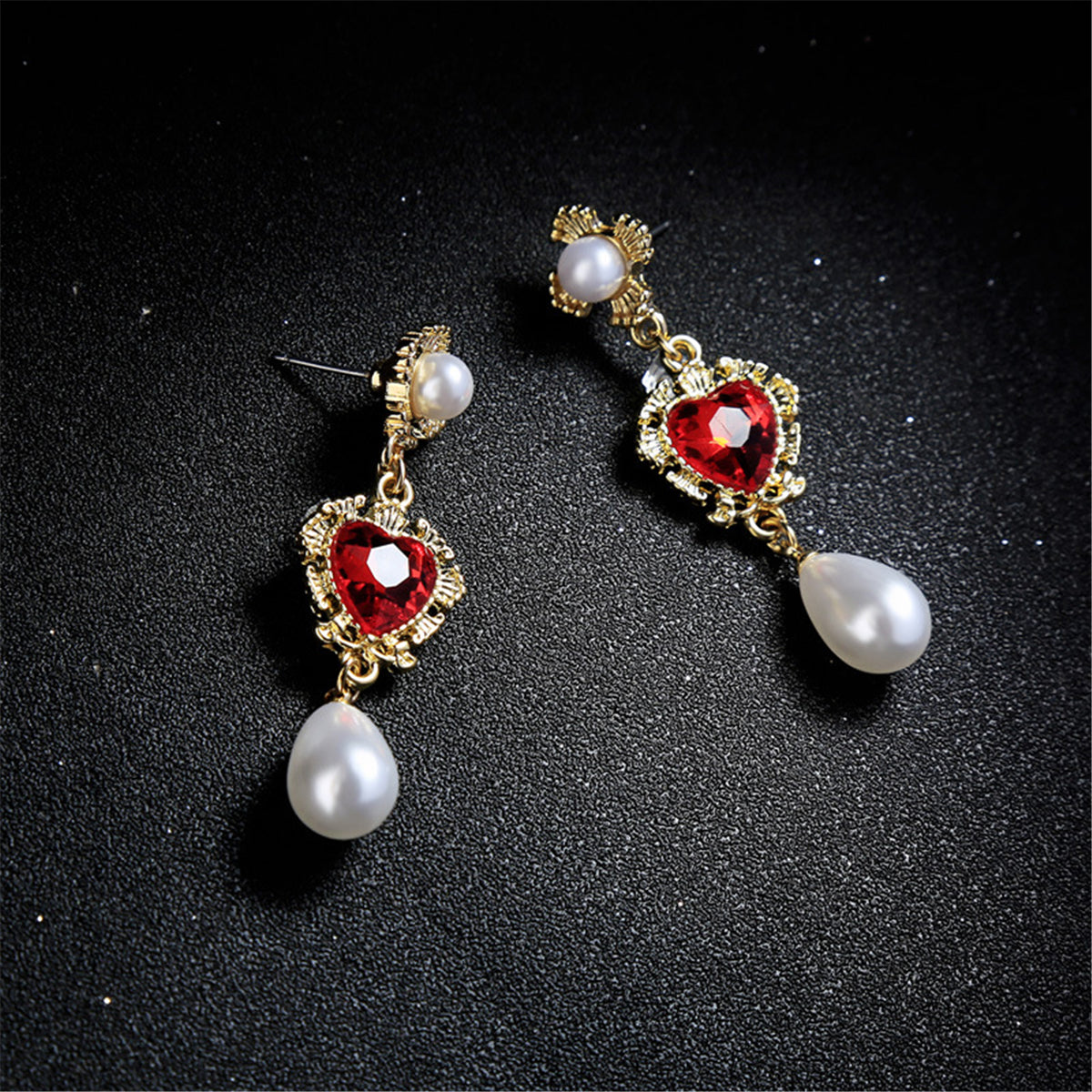 Pearl & Red Crystal 18K Gold-Plated Heart Drop Earrings