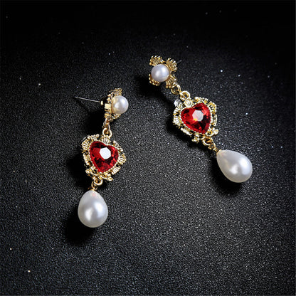 Pearl & Red Crystal 18K Gold-Plated Heart Drop Earrings