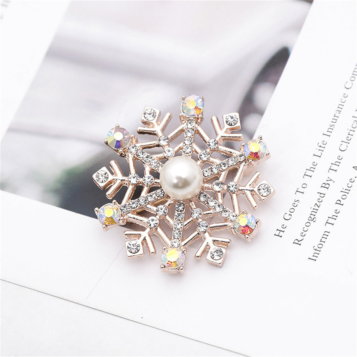 Pearl and Cubic Zirconia Silver-Plated Snowflake Brooch, silver brooch pin, botanical inspired, side view
