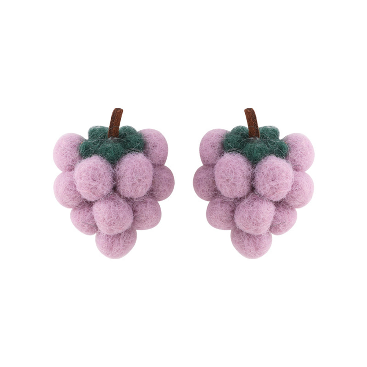 Purple & Green Wool Fuzzy Grape Bunch Stud Earrings