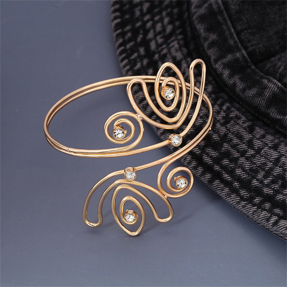 Cubic Zirconia and 18K Gold-Plated Open Tulip Bypass Arm Cuff, elegant gift for her, side view