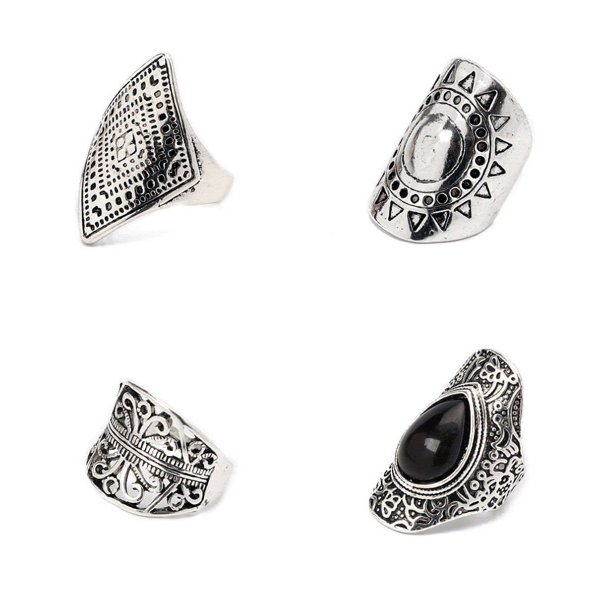 Black Resin & Silver-Plated Wide Engraved Sun Pear Ring Set