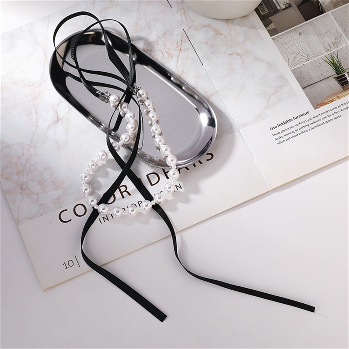 Pearl & Black Polyster Bow Choker Necklace