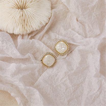 White Resin and 18K Gold-Plated Square Stud Earrings, gold stud earrings for women, dainty minimalist design, front view