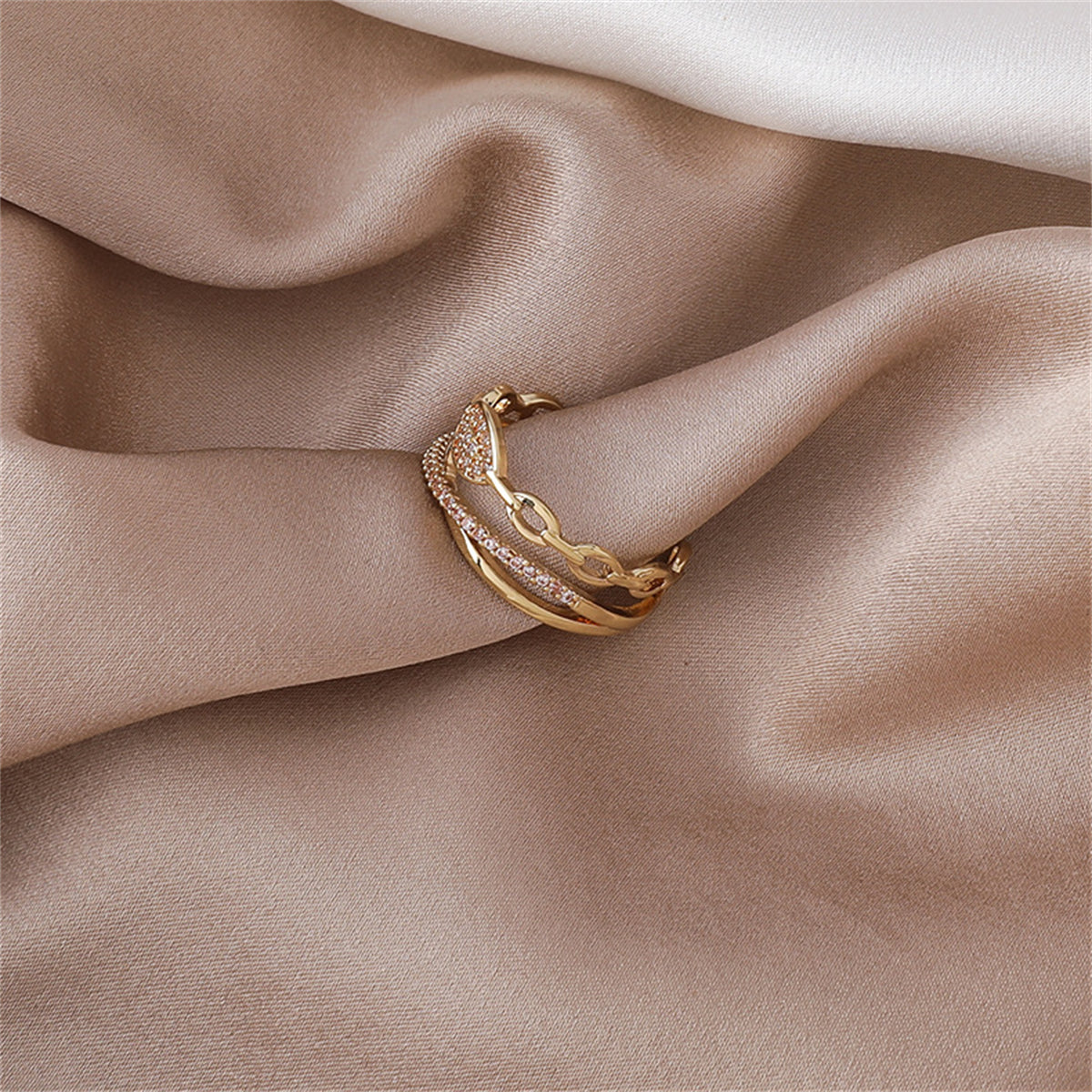 Cubic Zirconia and 18K Gold-Plated Layered Chain Adjustable Ring, gold statement rings for women, everyday style, styled look