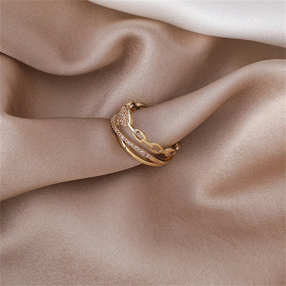 Cubic Zirconia and 18K Gold-Plated Layered Chain Adjustable Ring, gold statement rings for women, everyday style, styled look