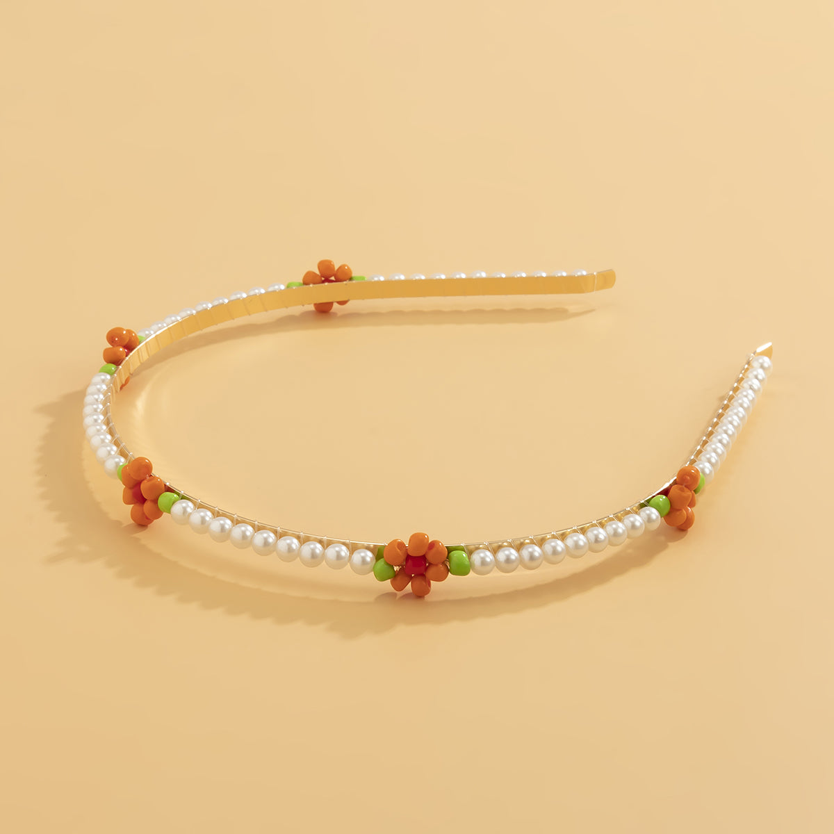 Orange Howlite and Pearl Mum Station Headband, dainty minimalist design, front view