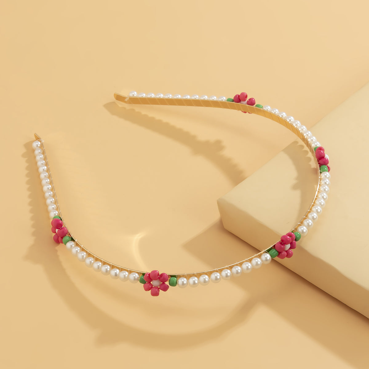 Rose Howlite and Pearl 18K Gold-Plated Floral Station Headband, botanical inspired, front view