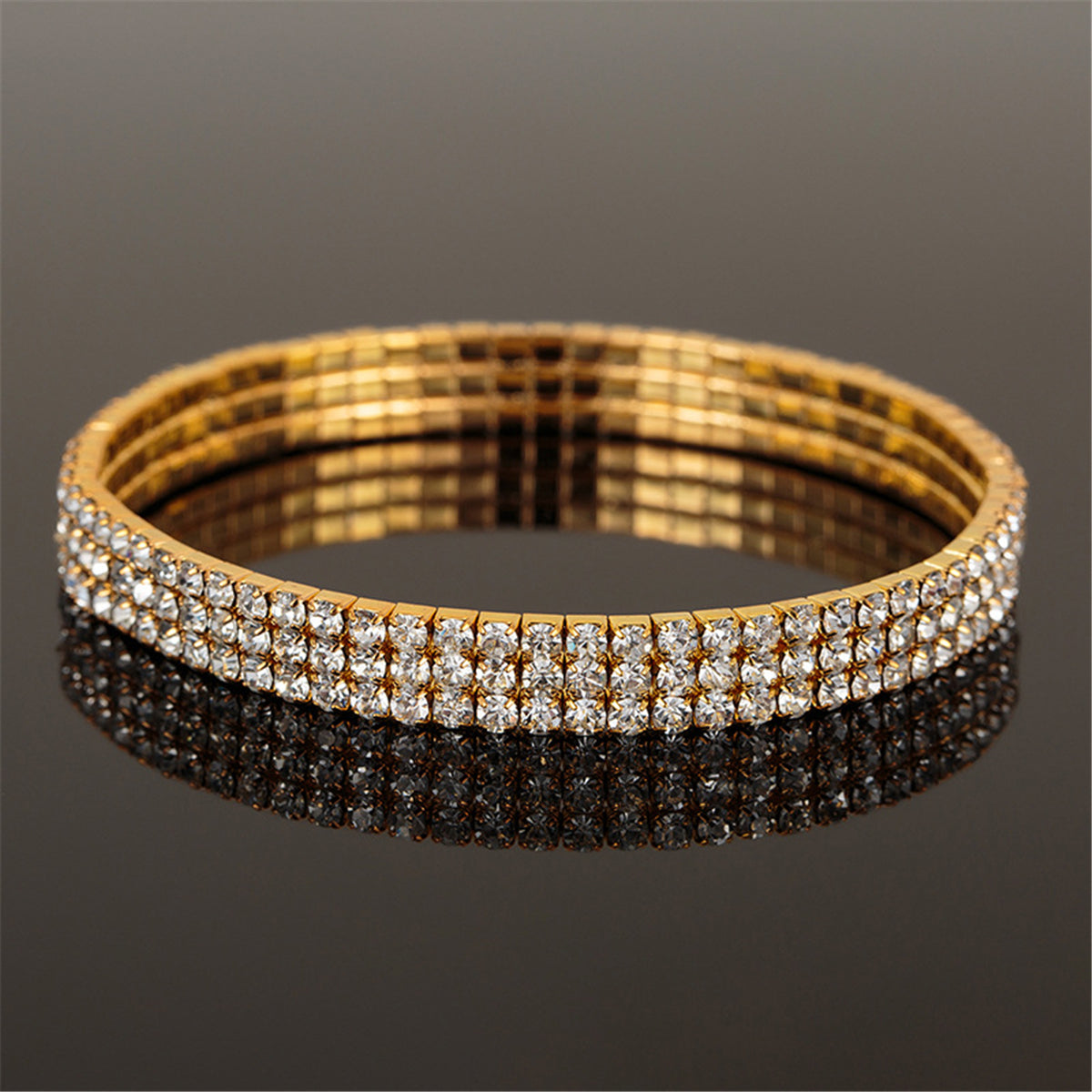Cubic Zirconia and 18K Gold-Plated Three-Layer Stretch Anklet, gold anklet bracelet, elegant gift for her, side view