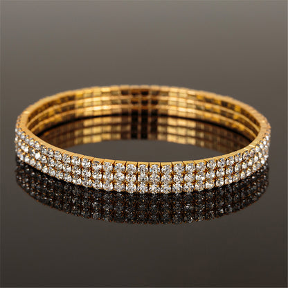 Cubic Zirconia and 18K Gold-Plated Three-Layer Stretch Anklet, gold anklet bracelet, elegant gift for her, side view