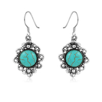 Reconstituted Turquoise & Silver-Plated Floral Drop Earrings