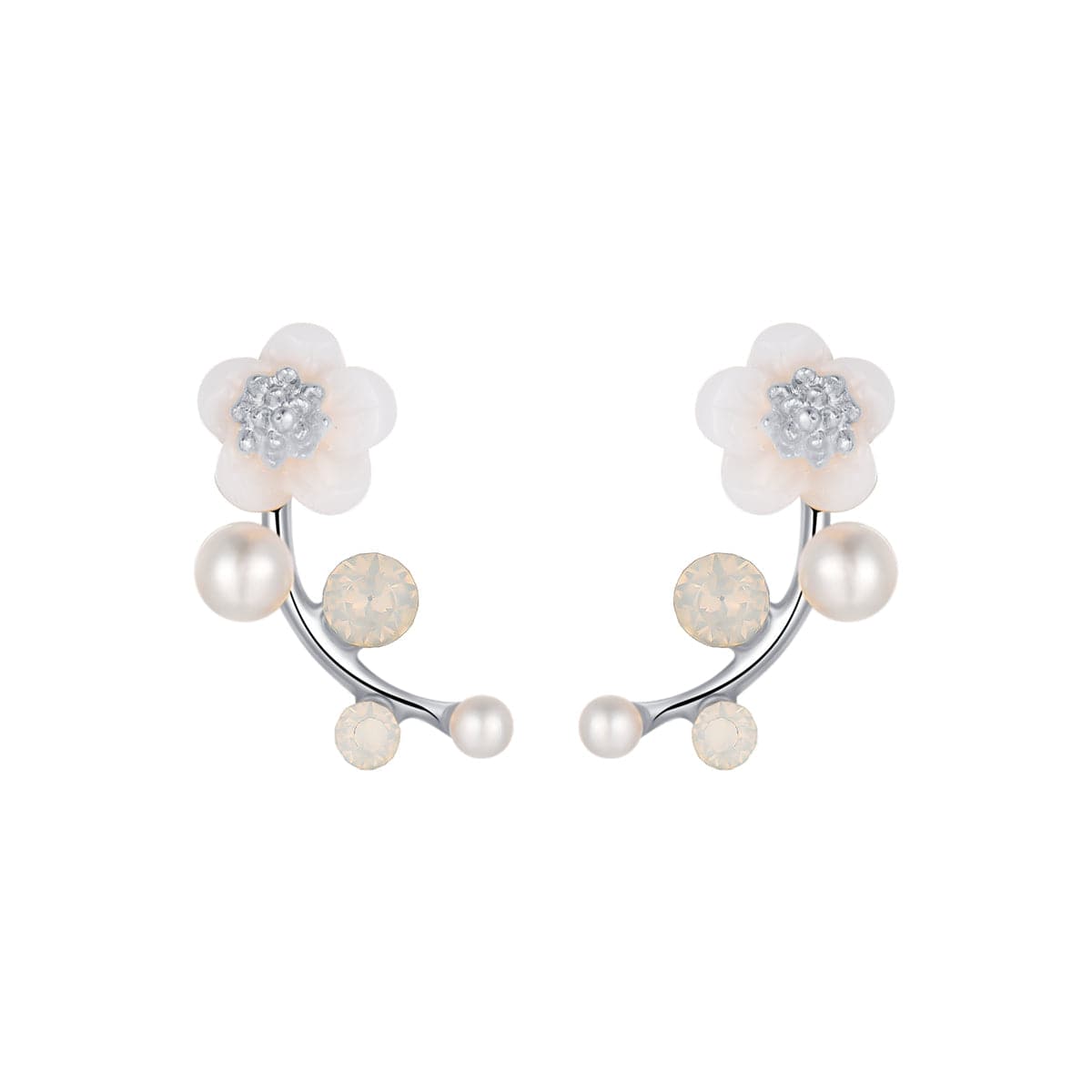 Shell and Pearl Silver-Plated Floral Ear Climbers, silver stud earrings for women, vintage-inspired design, side view
