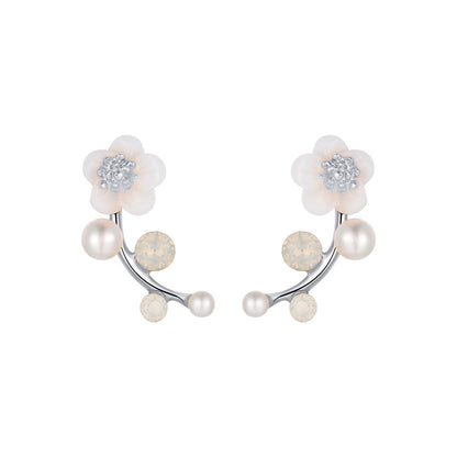 Shell and Pearl Silver-Plated Floral Ear Climbers, silver stud earrings for women, vintage-inspired design, side view
