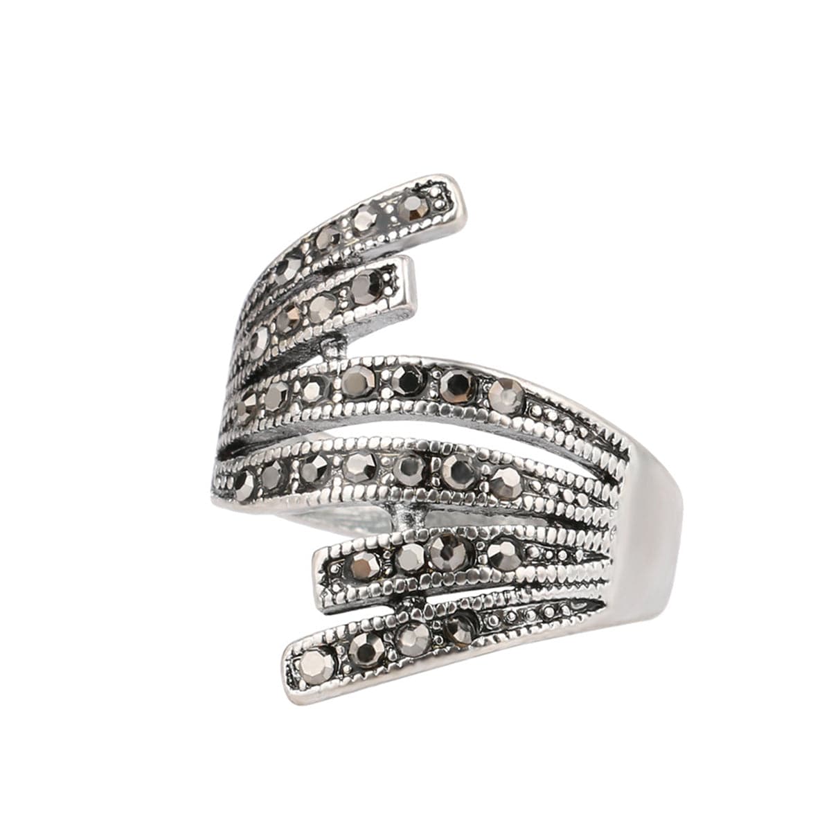 Black Cubic Zirconia Wing Band Ring, statement rings for women, vintage-inspired design, front view