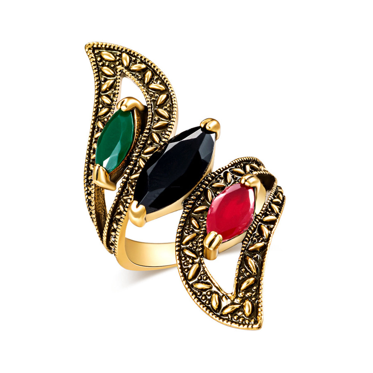 Black Crystal and 18K Gold-Plated Pear-Cut Ring, gold statement rings for women, vintage-inspired design, front view