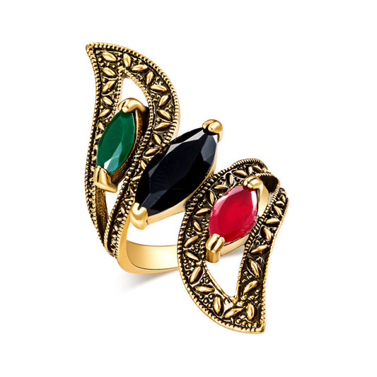Black Crystal and 18K Gold-Plated Pear-Cut Ring, gold statement rings for women, vintage-inspired design, front view