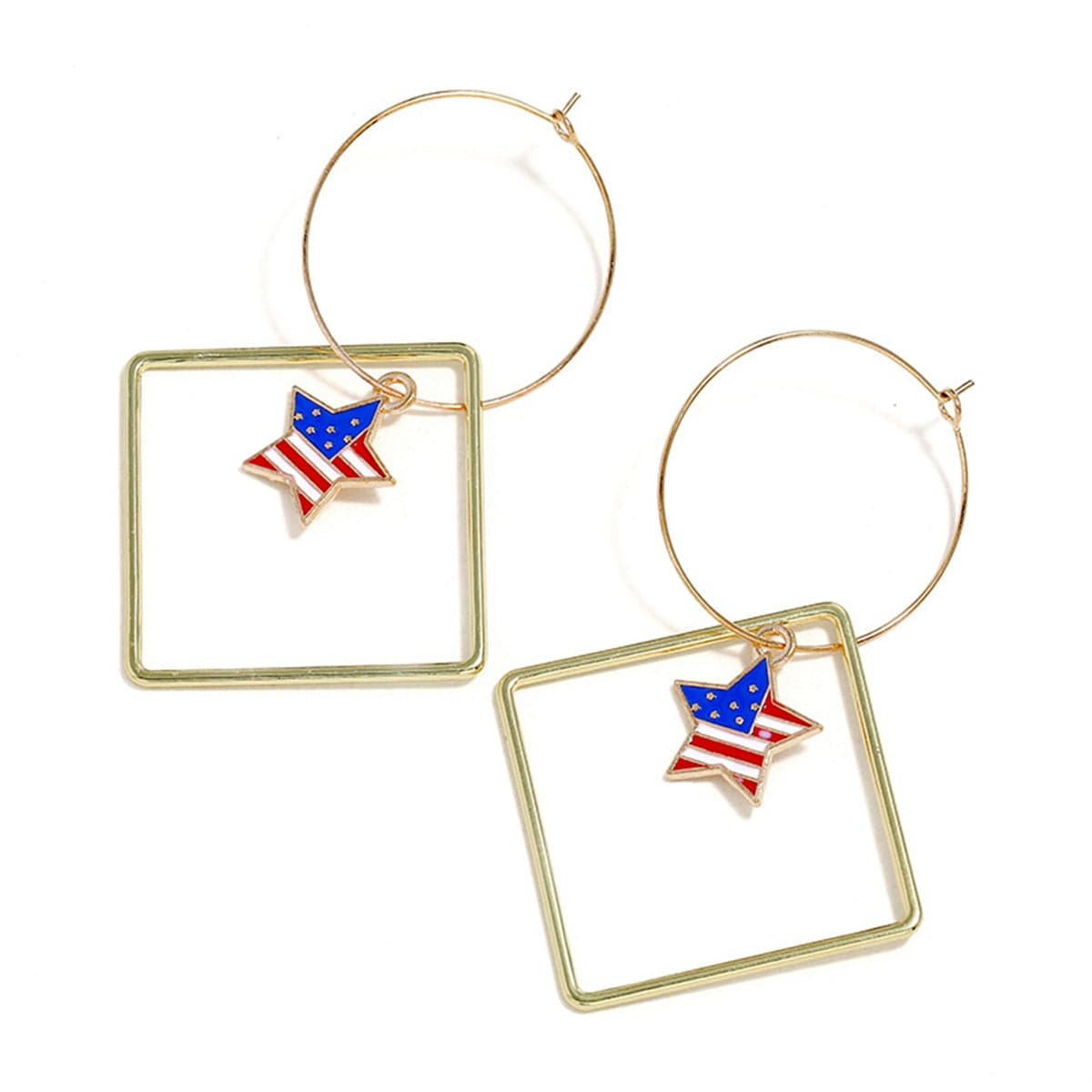 18K Gold-Plated American Flags Star & Hollow Square Drop Earrings