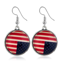 Red Resin & Silver-Plated American Flag Round Drop Earrings